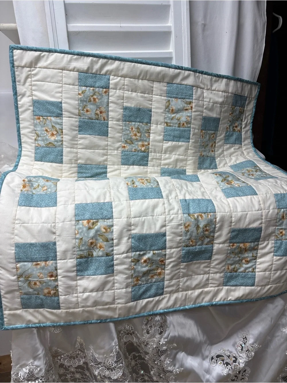 Light Teal & Cream Patchwork Small Quilt